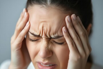 Fototapeta premium Closeup of a person holding their head in pain, suffering from a tension headache, soft natural lighting, ultrarealistic detail of physical discomfort