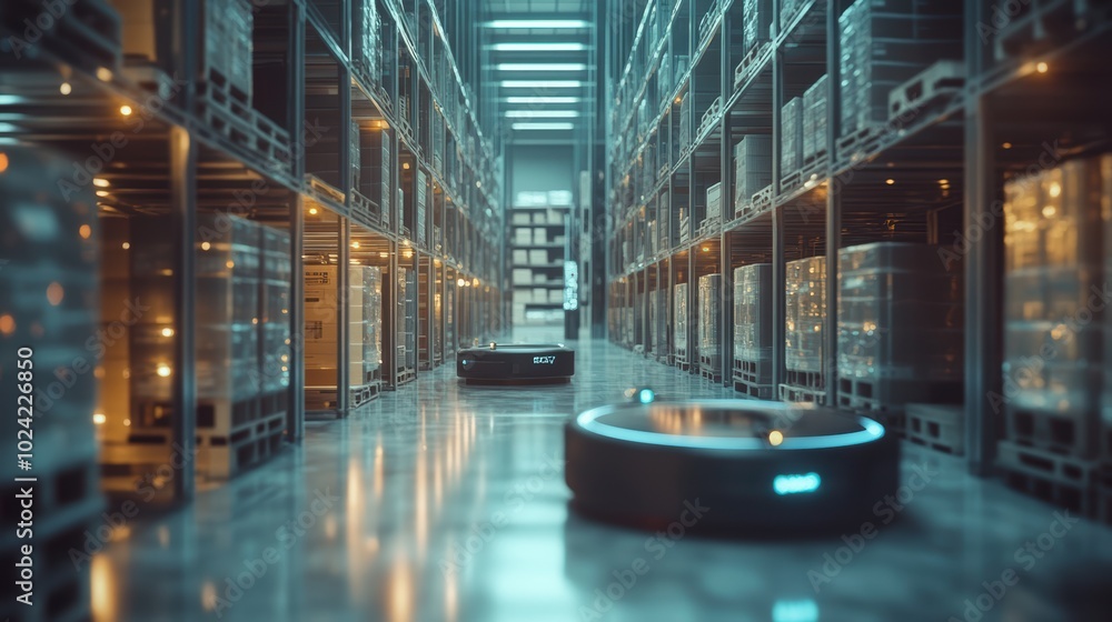 Poster generative ai image of delivery robots with sensors parked in modern spacious warehouse with goods i