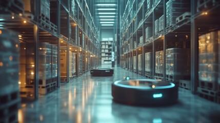 Generative AI image of delivery robots with sensors parked in modern spacious warehouse with goods in shelves for shipment against blurred interior