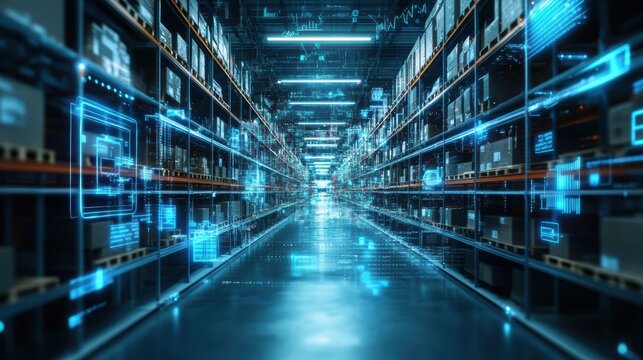 Futuristic Technology Retail Warehouse: Digitalization and Visualization of Industry 4.0 Process that Analyzes Goods.