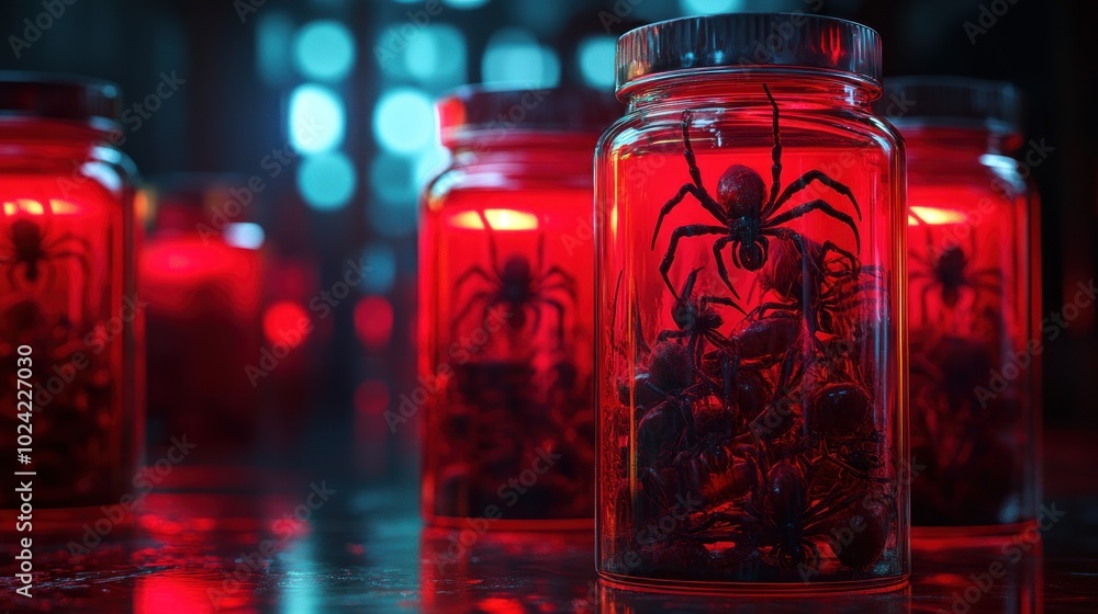 Poster jars filled with spiders illuminated by red light, creating a spooky atmosphere.