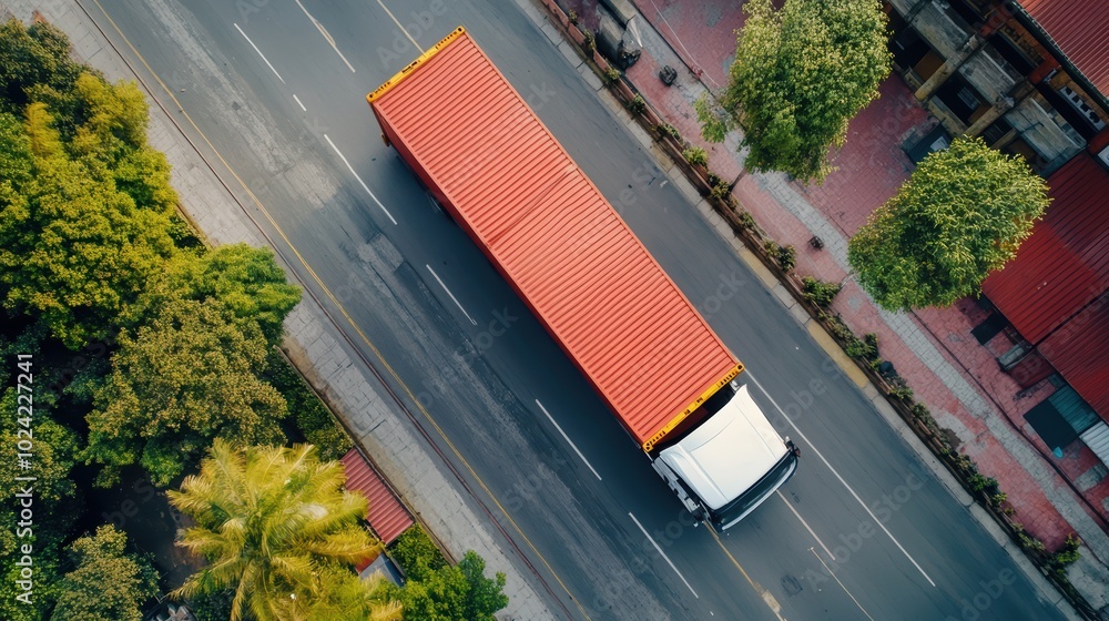 Poster gps tracking from top view moving truck with container on a map.