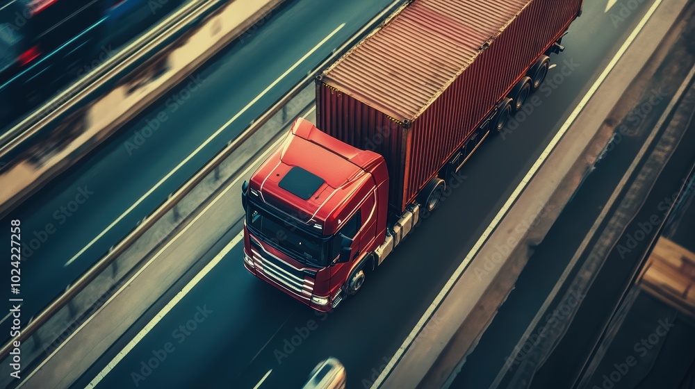 Poster gps tracking from top view moving truck with container on a map.