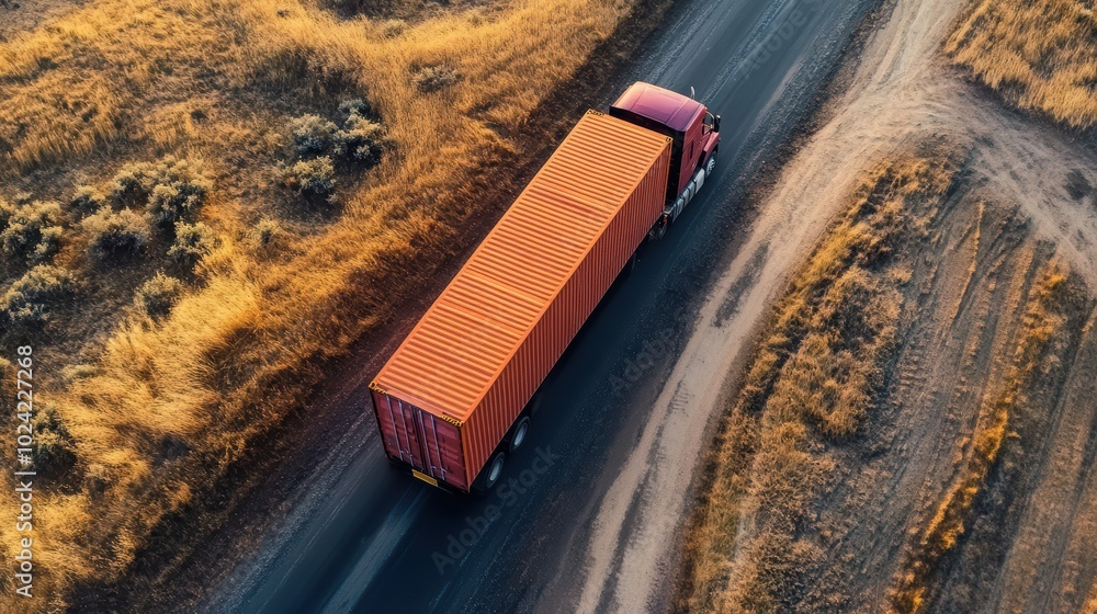 Poster gps tracking from top view moving truck with container on a map.