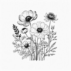Hand drawn spring flowers. Black brush flower silhouette. Ink drawing wild plants, herbs or flowers, monochrome botanical illustration. Anemone, peony, chrysanthemum isolated cliparts