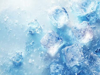 Obraz premium 2408 90.A stunning 3D illustration showcasing a light blue icy surface, scattered with perfectly rendered ice cubes in the upper left and bottom right corners. The surface is detailed with