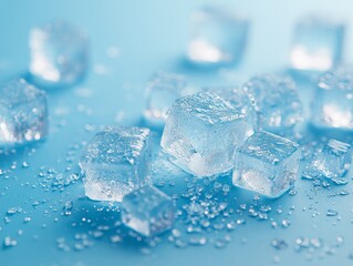 2408 91.An artistic representation of an icy surface, featuring a soft blue background covered in frost and scattered ice cubes. The cubes vary in size and shape, glistening under ambient light. The