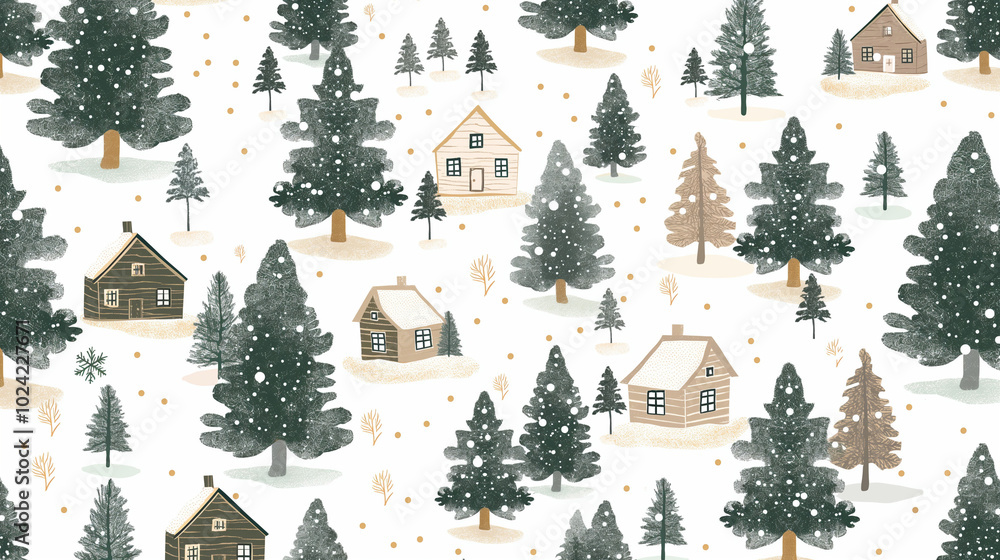 Wall mural seamless pattern of snow-covered pines and small wooden buildings, vector illustration, white backgr