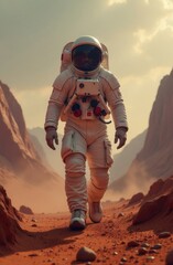 Wide angle shot from below of a male astronaut with an athletic build confidently walking forward towards the camera lens on Mars in a vast universe in synthwave style, digital art