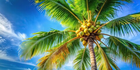 Obraz premium Tropical coconut palm tree with coconuts against a clear blue sky