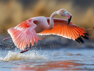 A pink flamingo takes flight from a shallow body of water, its wings spread wide and its head tucked back as it soars into the air.