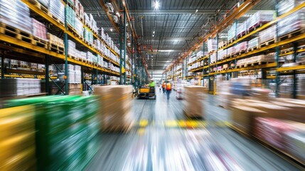 Long exposure of modern warehouse interior with motion blur of workers and machinery