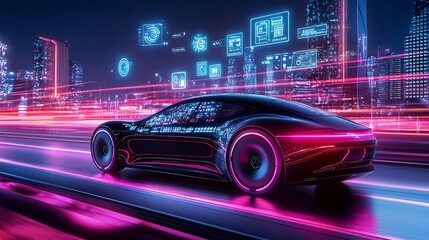 Fototapeta premium Self-driving electric car cruising on a futuristic highway, glowing holographic data icons floating above indicating real-time traffic updates, vehicle diagnostics, and speed,