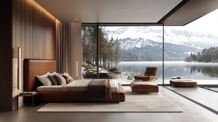 bedroom interior design in a luxurious villa with huge windows by a lake