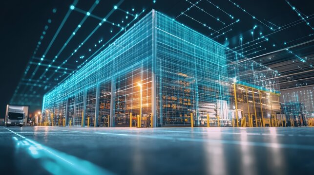 Modern logistics warehouse building structure. AI technology generated image   