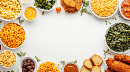 Delicious spread of comfort food featuring macaroni and cheese, fried chicken, collard greens, cornbread, and more, perfect for family gathering or celebration