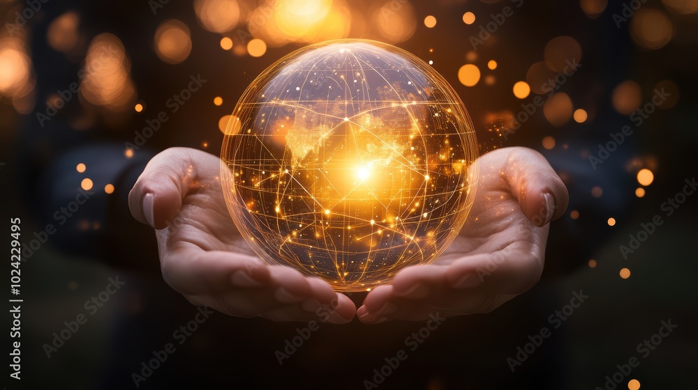 Poster pair of hands holding a transparent globe with digital connections and nodes superimposed over it, r