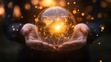 Fototapeta premium Pair of hands holding a transparent globe with digital connections and nodes superimposed over it, representing a network, global communication