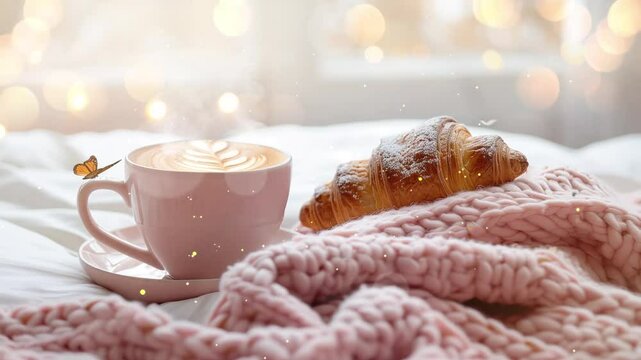winter time with a cozy warm pink blanket and a cup of coffee seamless looping overlay 4k virtual video animation background