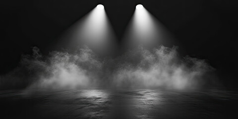 Abstract black background with fog and smoke on the floor, dark room. Background for product presentation in the studio lighting. 