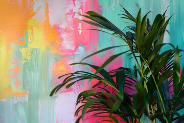 Colorful abstract painted wall with a green tropical plant in the foreground, blending nature with modern art.