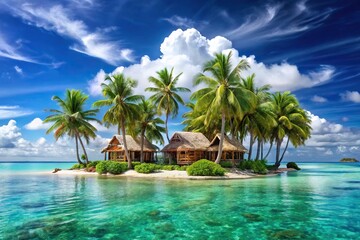 Naklejka premium Tropical island with palm trees and bungalows