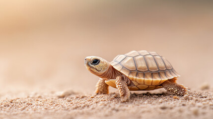 Fototapeta premium A small tortoise moves gracefully across sandy surface, showcasing its intricate shell patterns and vibrant colors. warm background adds serene atmosphere to this charming scene