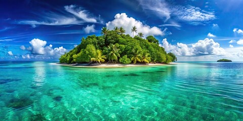 Naklejka premium Tropical island with clear blue waters and green coastline silhouette