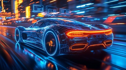 Fototapeta premium Self-driving vehicle cruising on a futuristic road, digital overlays floating above showing real-time feedback for speed, distance, and vehicle status, vibrant cityscape glowing with neon lights,