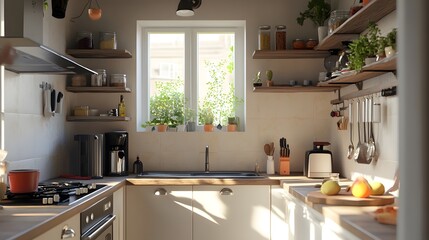 A small urban kitchen with compact appliances, open shelving, and a window bringing in plenty of natural light