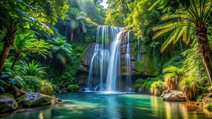 Tropical jungle oasis with hidden waterfall, serene nature scene