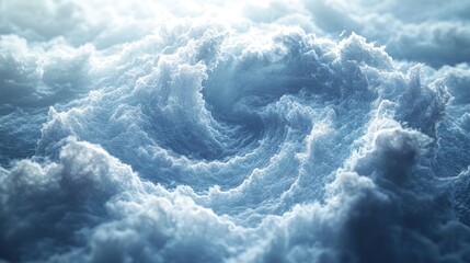 A close-up view of swirling, white clouds with the sun shining through.