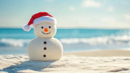 Merry Christmas winter holiday travel vacation tourism background - Funny cute snowman, made of sand with santa claus hat at the beach