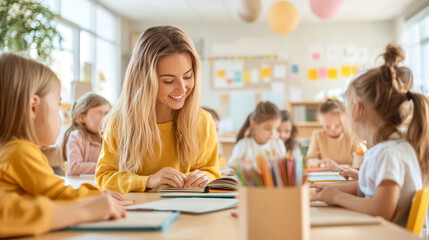 A teacher engages with students in bright classroom, fostering love for reading and learning. atmosphere is warm and inviting, encouraging creativity and collaboration