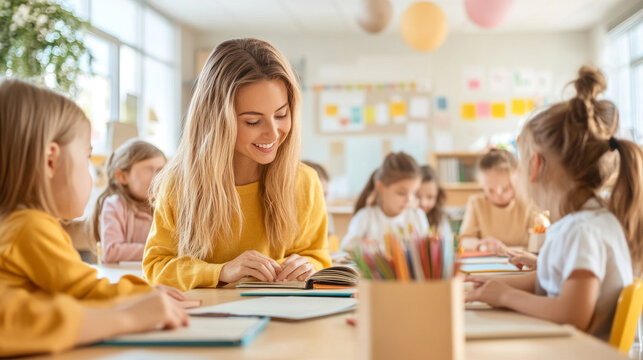 A teacher engages with students in bright classroom, fostering love for reading and learning. atmosphere is warm and inviting, encouraging creativity and collaboration