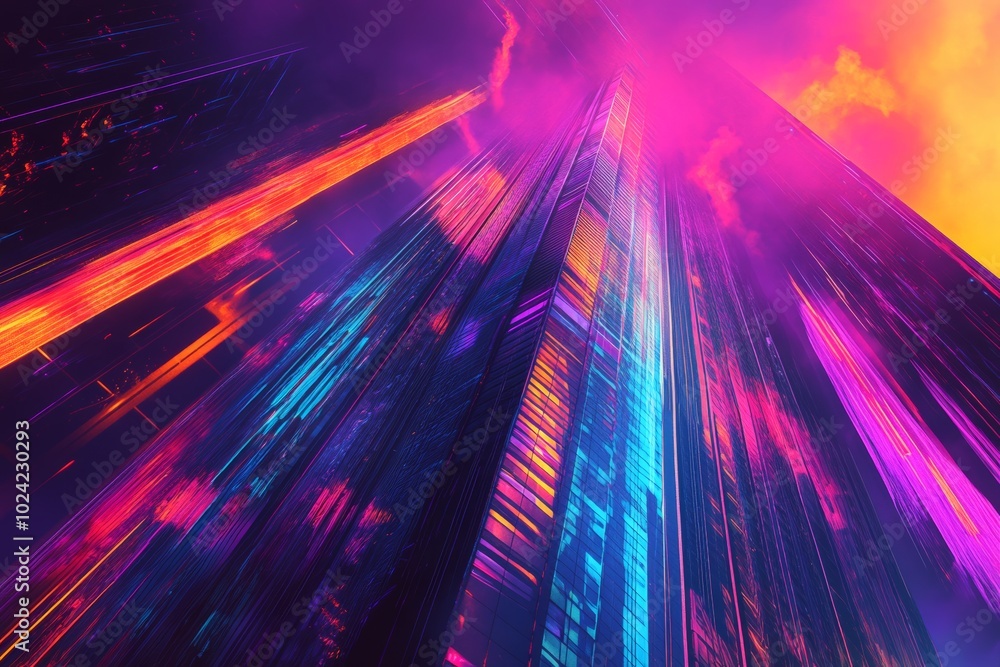 Canvas Prints Synthwave skyscraper with a dynamic abstract background, featuring vibrant colors and geometric forms.