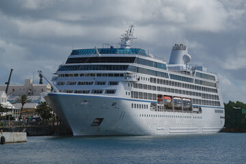Luxury classic cruiseship cruise ship liner Nautica docked at pier terminal in Hamilton, Bermuda on...