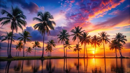 Obraz premium tropical landscape with colorful sunset and palm trees