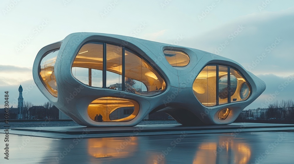 Poster a futuristic, white building with large windows and an organic, flowing design. the building is situ
