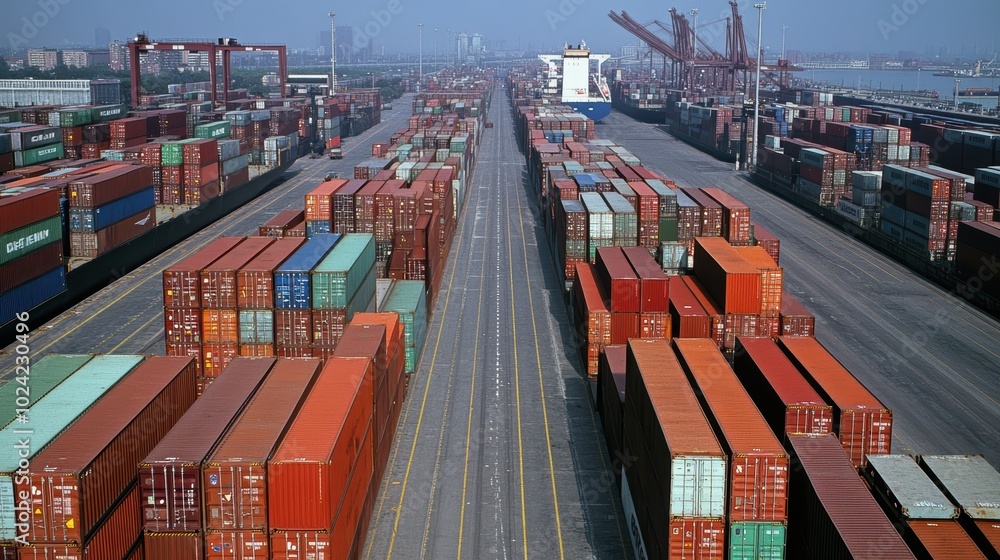 Poster rows of cargo containers rest atop massive container ships docked at an industrial port..