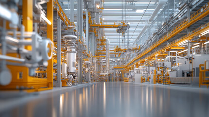 A modern industrial facility featuring advanced machinery and equipment, showcasing spacious layout with bright lighting and clean environment. vibrant orange accents add dynamic touch to overall desi