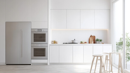 Fototapeta premium Modern kitchen design features sleek cabinetry, stainless steel appliances, and minimalist aesthetic. bright space is inviting and functional, perfect for cooking and entertaining