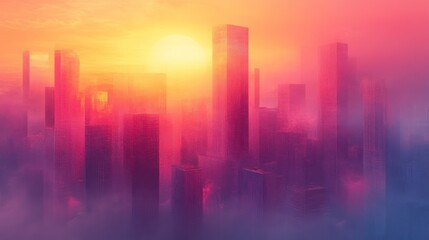 Fototapeta premium A vibrant sunrise casts a warm glow over a misty cityscape, creating a surreal and dreamy atmosphere.