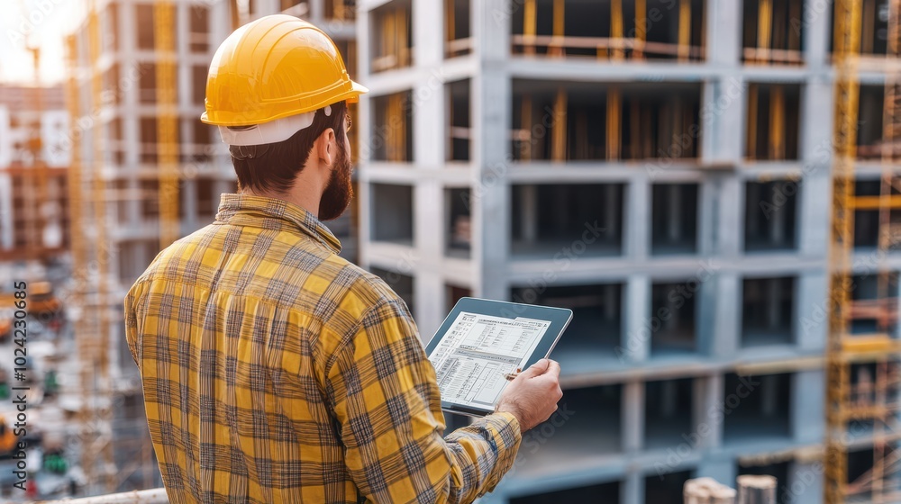Poster smart construction project management system concept, engineer using a digital tablet on a construct