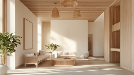 A serene and modern interior design featuring spacious living area with natural wood elements, comfortable seating, and lush greenery. warm tones and minimalist decor create calming atmosphere