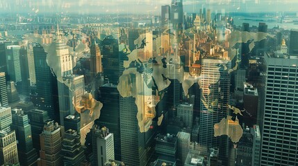 Multi-exposure of abstract digital world map hologram overlaying New York City skyscrapers, representing global research and analytics concepts