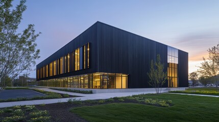 Fototapeta premium Sleek Steel Exterior of Modern Warehouse Office Building.