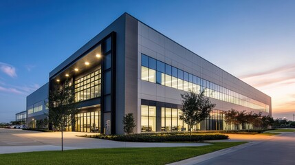 Obraz premium Sleek Steel Exterior of Modern Warehouse Office Building.