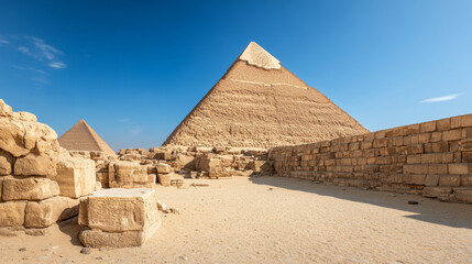 majestic pyramids stand tall against clear blue sky, showcasing ancient architecture and history. sandy landscape adds to timeless beauty of this iconic site