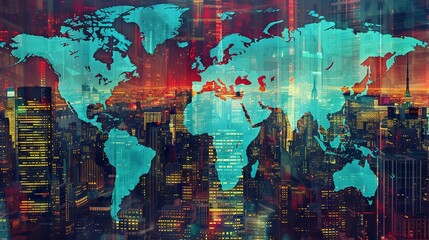Multi-exposure of abstract digital world map hologram overlaying New York City skyscrapers, representing global research and analytics concepts